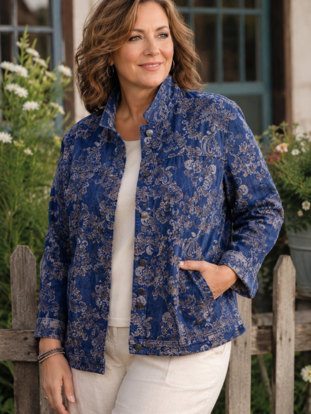 JM Collection Paisley Denim Jacket 100% Cotton Size 16 Boho